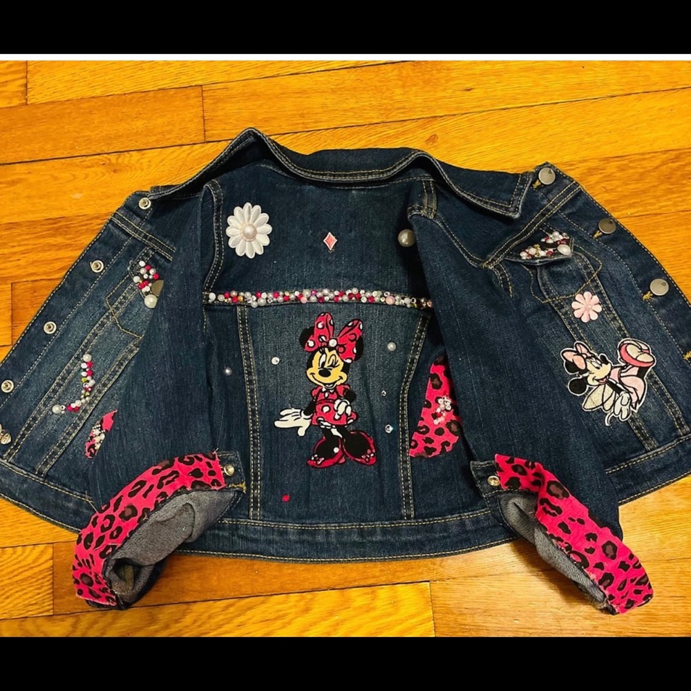 Hand made girls jean jacket hot pink Minnie Mouse